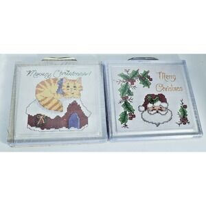 Merry Christmas Santa & Kitty Cat Counted Cross Stitch Hot Plate Kit Lot of 2